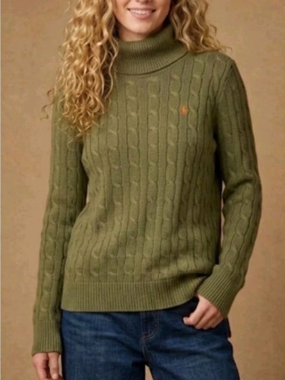 Ralph Lauren Sport Olive Cable-Knit Turtleneck Sweater Cozy Fall Minimalist